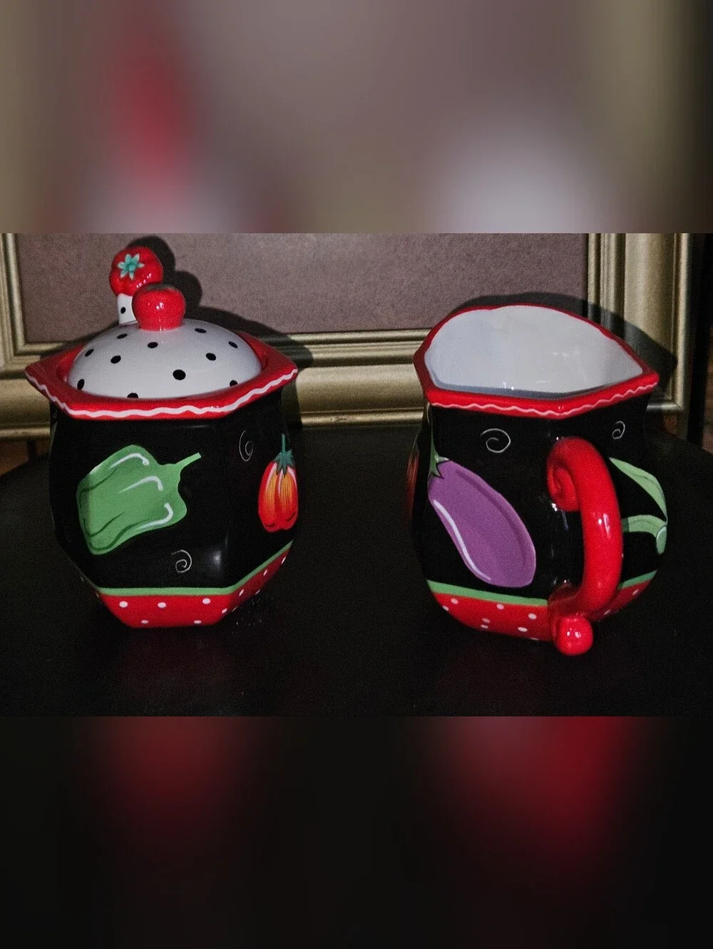 Coyne's & Company Black & Red Ceramic Tomato Sugar Jar and Creamer Set